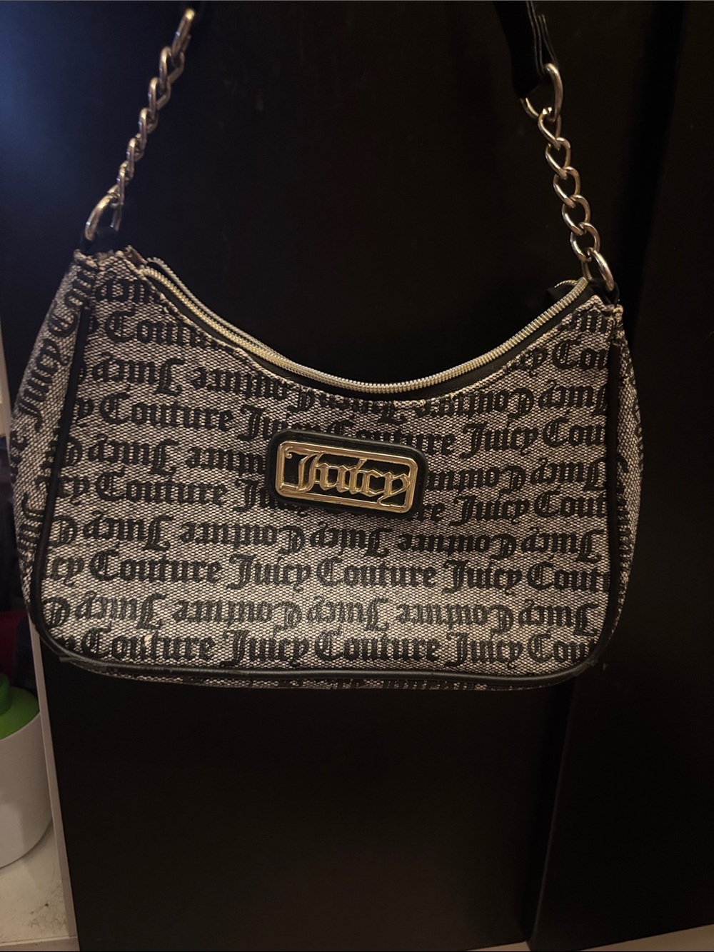 Juicy Couture Black Logo Jacquard Shoulder Bag with Gold Plaque